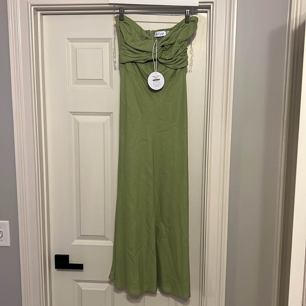 Petal & Pup Strapless Twist Front Cutout Midi Dress in Sage - Picture 4 of 4